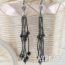 Long Sparkly Black Pearl And Glass Beads Tassel Dangle Studs Earrings