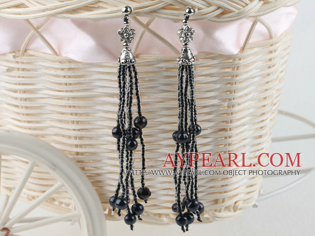 Long Sparkly Black Pearl And Glass Beads Tassel Dangle Studs Earrings