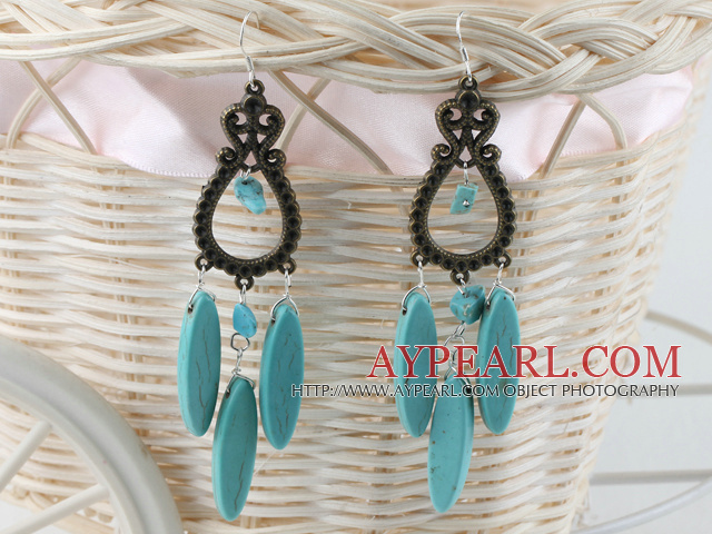 Classic Vintage Style Oval Shape Blue Turquoise Dangle Earrigns With Loop Copper Charm