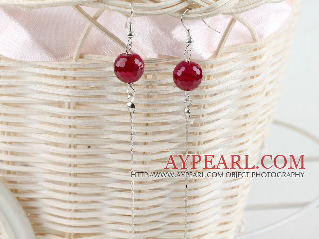 Simple Long Style 12Mm Round Faceted Red Agate Ball Dangle Earrings