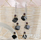 Nice Long Style Round Garnet And Black Cubic Agate Loop Chain Dangle Earrings