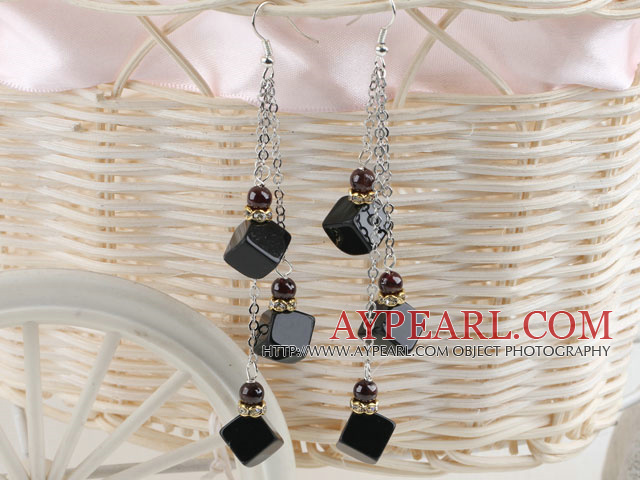 Nice Long Style Round Garnet And Black Cubic Agate Loop Chain Dangle Earrings