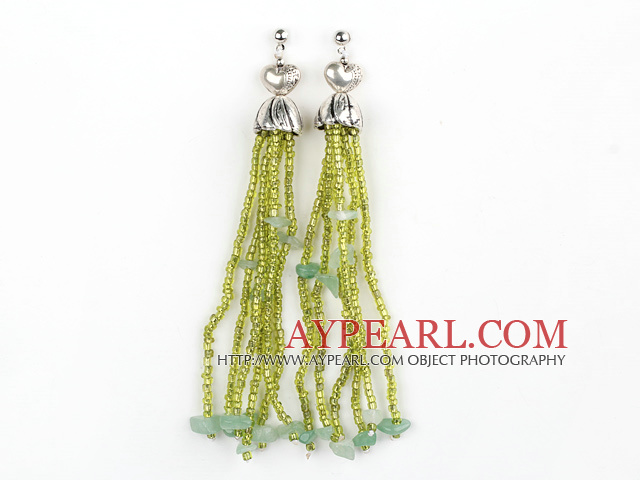 Fashion Chipped Aventurine And Glass Beads Metal Heart Charm Tassel Studs Earrings