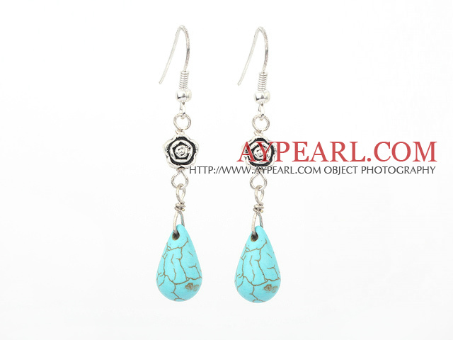 Elegant Teardrop Blue Turquoise And Flower Metal Charm Earrings With Fish Hook