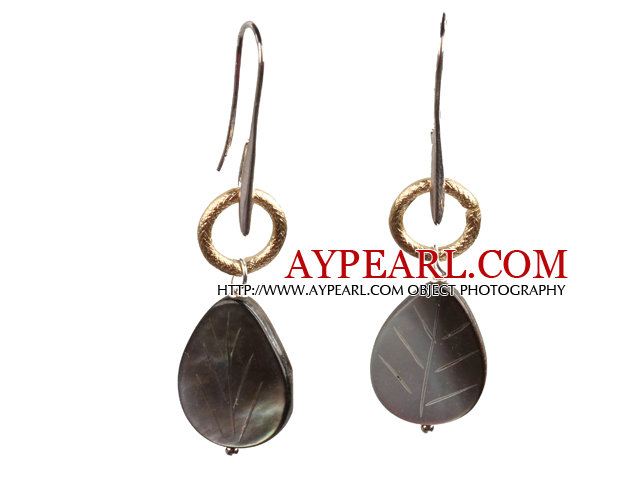 Simple Special Design Leaf Shape Black Lip Shell Dangle Earrings With Golden Loop