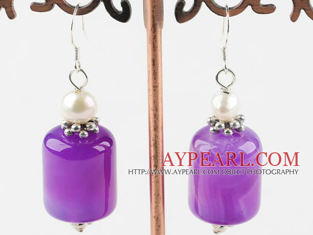 Lovely White Freshwater Pearl And Purple Cylinder Shape Agate Dangle Earrings