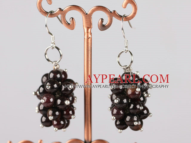 Lovely Cluster Style Round Garnet And Loop Charm Dangle Earrings With Fish Hook