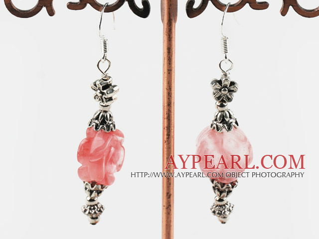 Lovely Rose Flower Shape Cherry Quartz And Metal Charm Dangle Earrings