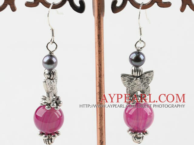 lange Stil Schmetterling Charme schwarze Perle und rosa Achat Ohrringe