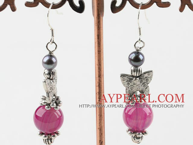 à long style papillon charme perle noire et rose boucles d'oreilles en agate