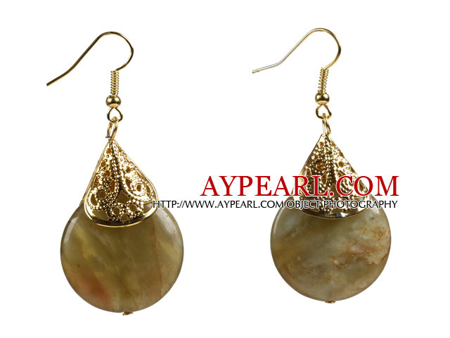 Simple Classic Round Shape Three Colored Jade Dangle Earrings With Golden Hooks