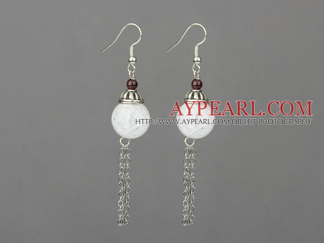 Fashion Long Chain Style Round Garnet And Burst Pattern Crystal Dangle Earrigns