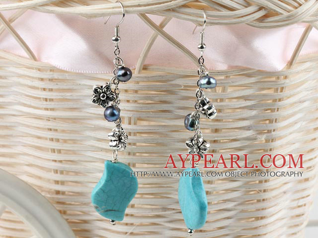 perle noire et turquoise boucles d'oreilles longues