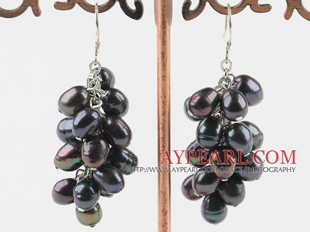 Lovely Cluster Style 6-7Mm Black Freshwater Pearl Dangle Earrings