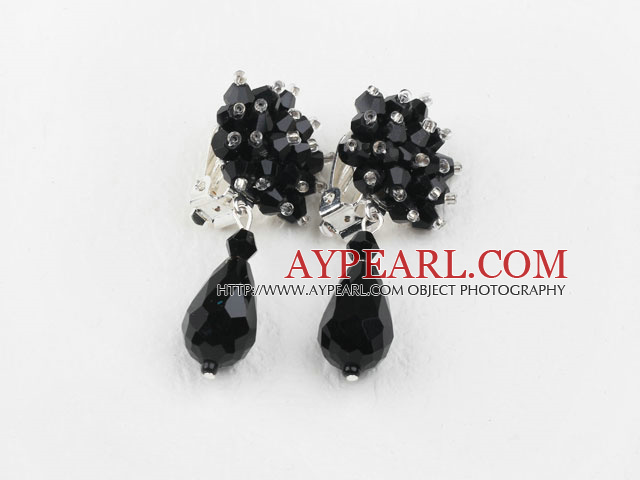 Stora Style svart Fasetterade Drop Crystal Clip Örhängen