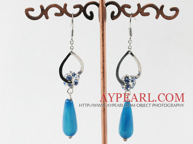 long dangle boucles d'oreilles fantaisie style agate bleue avec strass