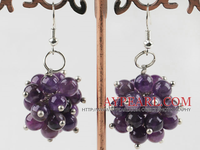 Nice Cluster Style 6Mm Round Amethyst Loop Dangle Earrings With Fish Hook