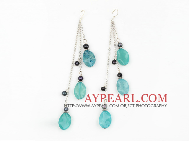 long style blue jasper and balck pearl earrings