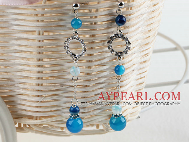 Boucles d'oreilles pendantes à chaud long style agate bleue avec strass