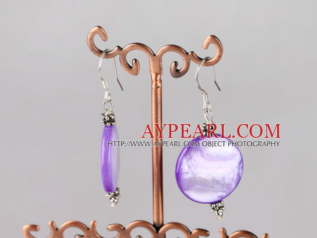 Lovely Short Style 20Mm Flat Round Purple Shell Dangle Earrings With Fish Hook