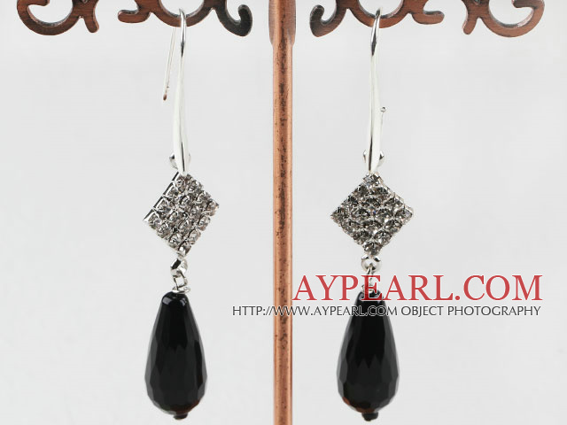 drop shape black agate rhinestone earrings