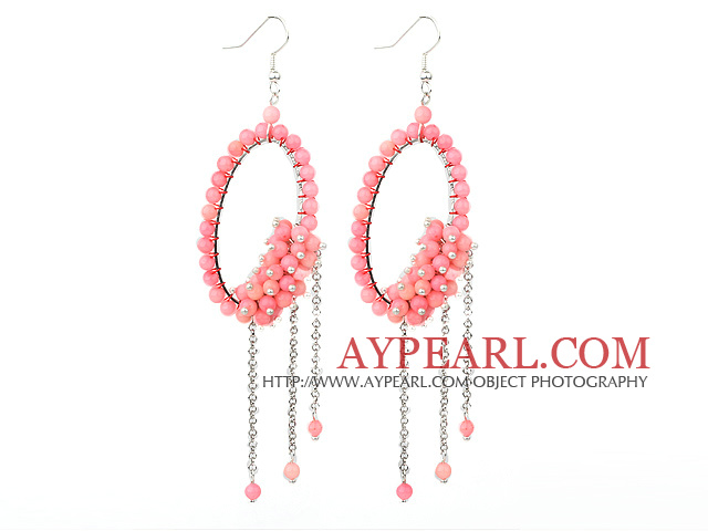 Mote Stil Pink Coral lange dingle Tassel øredobber med Big Hoop