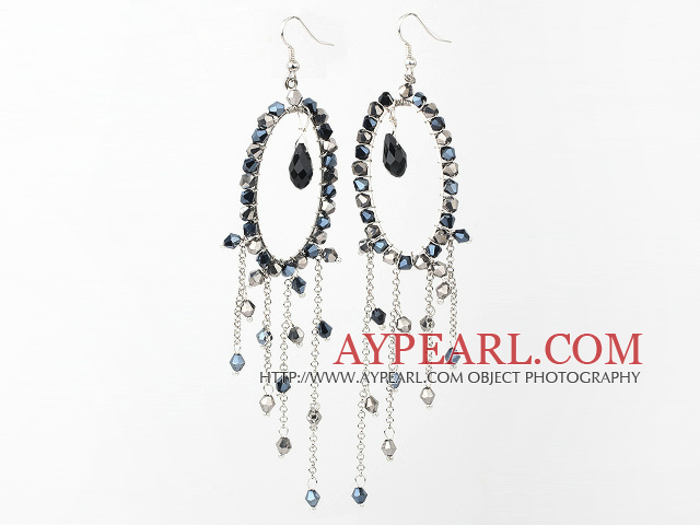 Fashion Style Gray Black Crystal Long σκουλαρίκια κουνιέμαι με Tassel Big Hoop