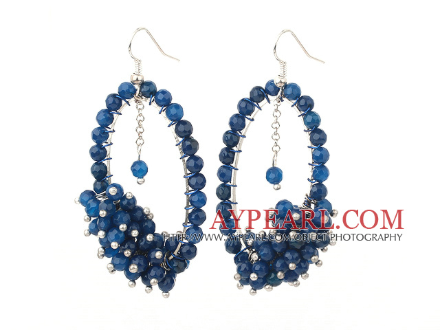 Fashion Style Dark Blue Faceted Agate Cluster Earrings with Big Hoop