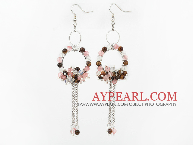 Fashion Style Cherry χαλαζία και Μάτι Τίγρης και Opal Long σκουλαρίκια κουνιέμαι με Tassel Big Hoop