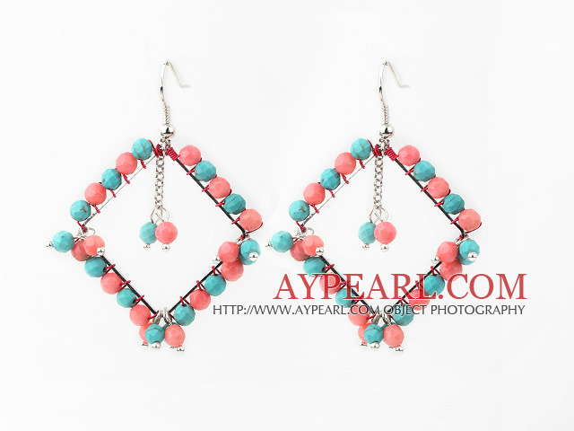 Fashion Style Rhombus Shape Faceted Turquoise and Pink Coral Earrings