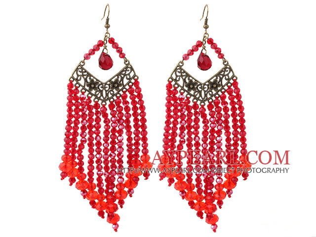 Chandelier Style Red Crystal Long Tassel Earrings with Bronze Accessoires