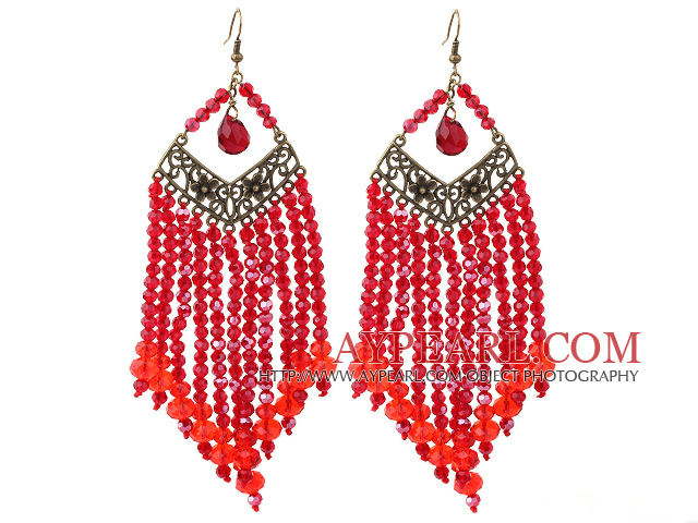 Lustre Style Rouge Boucles d'oreilles en cristal Tassel longues avec Accessoires Bronze