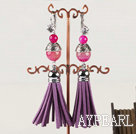 Beautiful Round Pink Agate And Cap Metal Charm Tassel Earrings With Rhinestone Lever Back Hook 