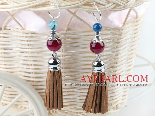 Lovely Red And Blue Round Agate Brown Tassels Dangle Earrings With Ear Hoops