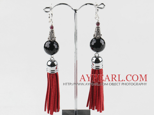 Fashion Black Faceted Agate And Horn Charm Tassels Earrings With Ear Hoops