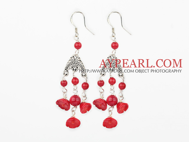 Fashion Lotus Round Red Coral Loop Link Dangle Earrings With Fish Hook