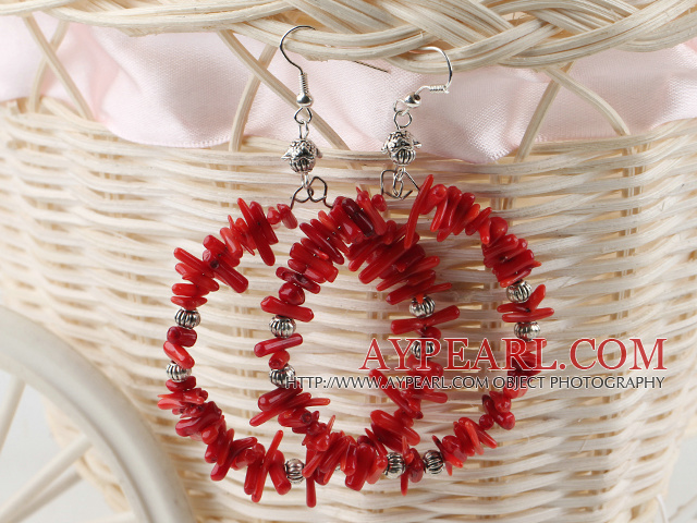 Fashion Teeth Shape Red Coral Metal Charm Hoop Earrings With Fish Hook