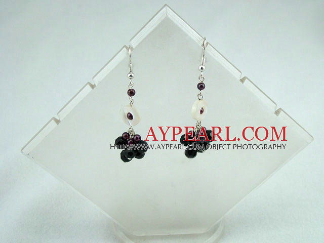 Beautiful Garnet Black Crystal And White Donut Shell Cluster Dangle Earrings With Fish Hook