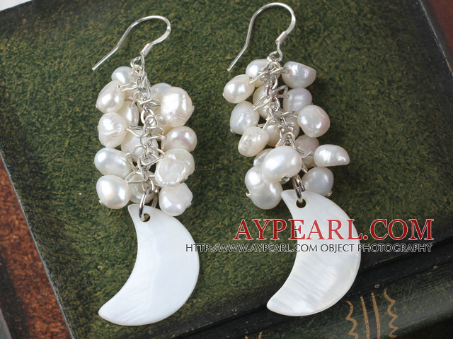 Fashion Cluster White Freshwater Pearl And Moon Shape Shell Dangle Earrings With Fish Hook