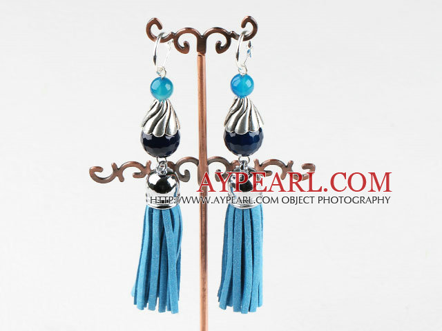 Lovely Blue Series Round Agate Tassel Earrings With Fish Hook