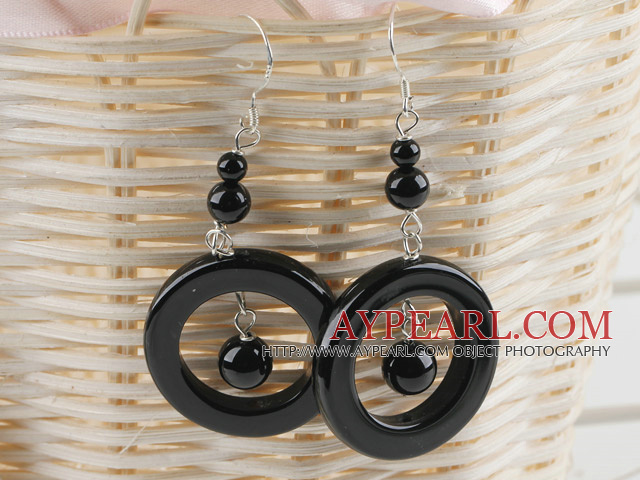 Elegant Large Diameter Round And Donut Shape Black Agate Dangle Earrings With Fish Hook