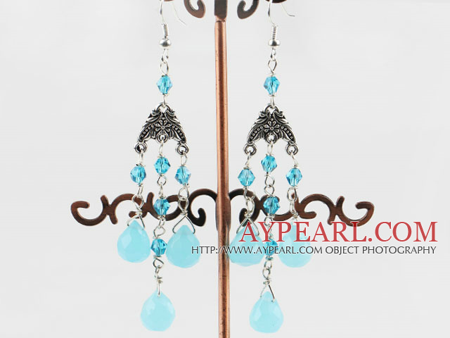 Beautiful Vintage Teardrop Blue Jade And Crystal Loop Dangle Earring