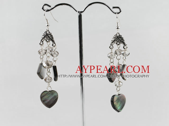 Fashion Rhombus And Heart Shape Black Lip Shell And Clear Crystal Loop Dangle Earrings