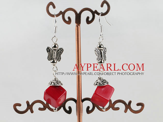 dangling stlye red coral earrings with butterfly charm