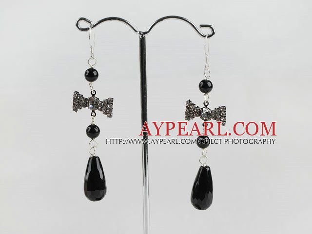 black agate earrings with butterfly shape rhinestone charm