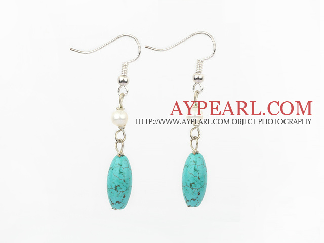 Lovely White Freshwater Pearl And Blue Turquoise Dangle Earrings With Fish Hook