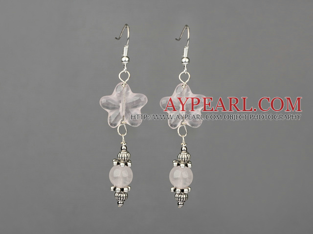 Elegant Star And Round Shape Rose Quartz And Metal Charm Dangle Earrings With Fish Hook