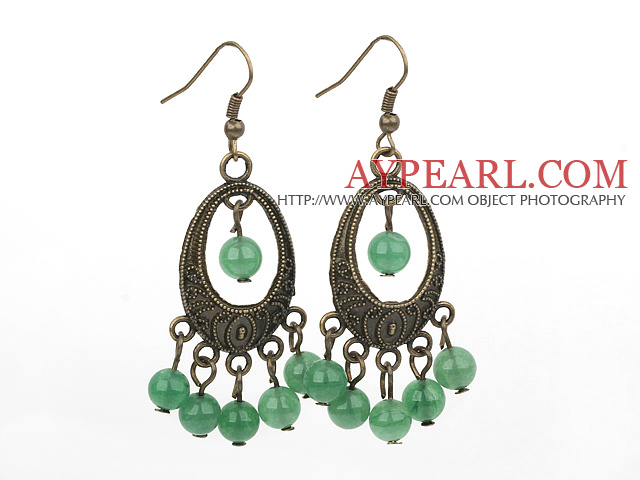 Vintage Round Aventurine Loop Bronze Charm Dangle Earrings With Fish Hook