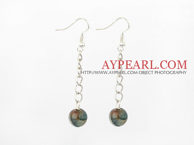 Simple Long Chain Loop Style Round Blue Agate Ball Drop Earrings With Fish Hook