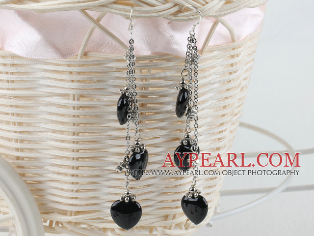 3 strand heart shape black agate dangle long earrings